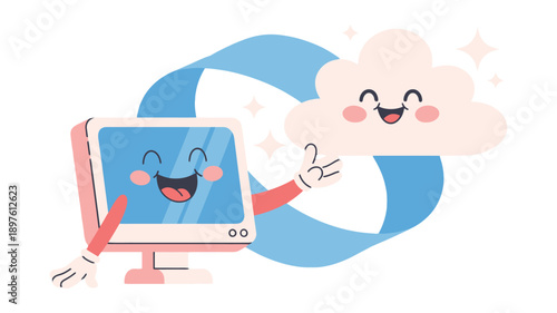 A cartoon computer and cloud with smiling faces and arms outstretched in a circular motion, conveying a sense of friendly technology and cloud computing.