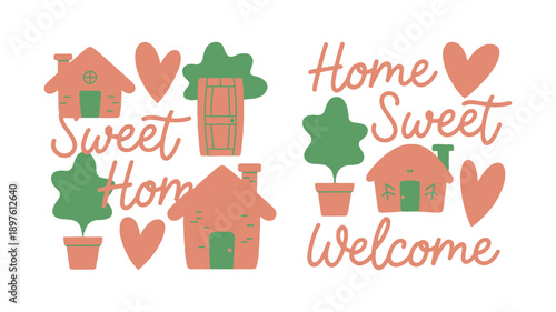 A colorful illustration of houses and trees with a warm welcome message