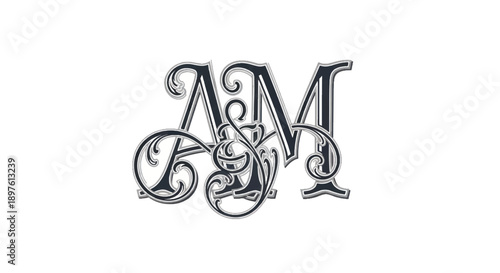 Elegant interwoven monogram logo featuring ornate initials AM with decorative flourishes.