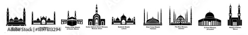 Set of famous Islamic mosque silhouettes, black vector icons of world religious landmarks.