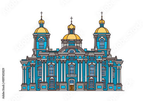 Ornate blue Orthodox cathedral with three golden domes and white columns in a flat line art style.