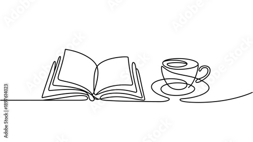 A minimalist line drawing of an open book and a cup of coffee on a saucer