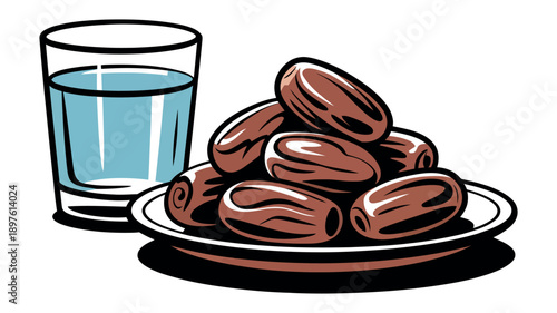 A plate of dates and a glass of water on a white background