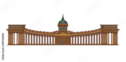 Kazan Cathedral vector illustration with a grand curved colonnade and central green dome.