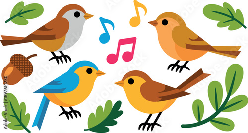 A colorful illustration of birds singing amidst leaves and musical notes