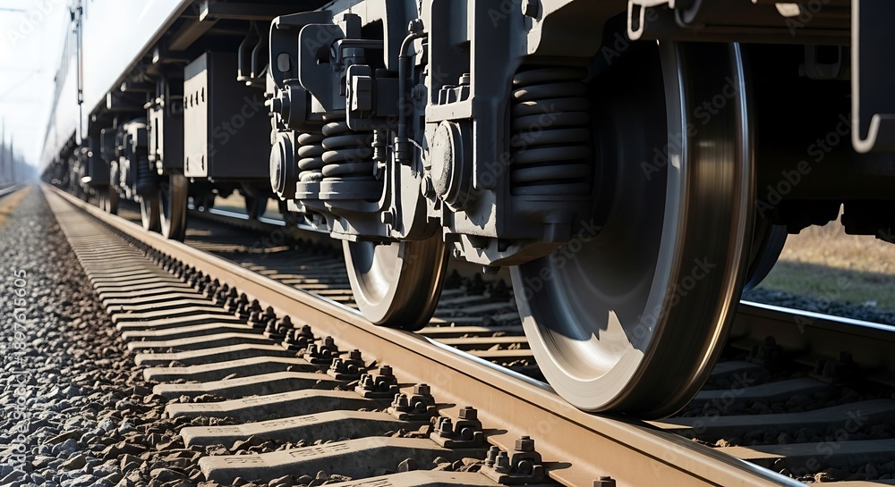 Fototapeta premium Train Wheels on Railway Tracks Closeup.