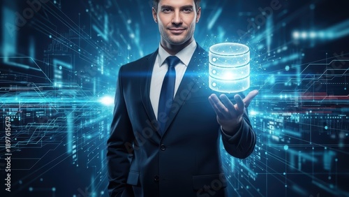 Businessman holding a glowing database icon in a futuristic environment with digital circuits and data streams