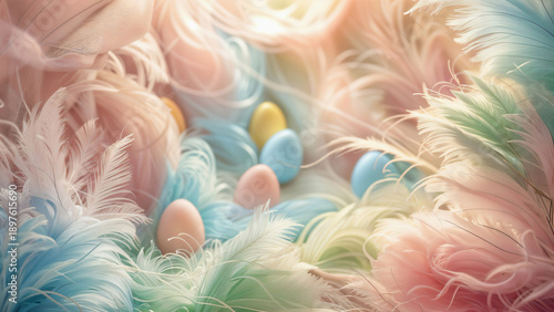 Pastel Easter eggs nestled in a soft, dreamy bed of colorful feathers.