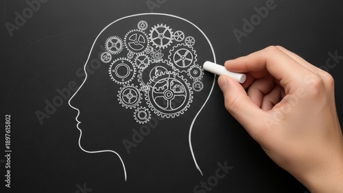 Hand drawing human head with gears inside on blackboard with white chalk Img.Jan170126-072