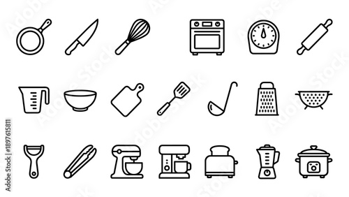 Professional Set of 20 Kitchen Utensil and Cooking Appliance Line Icons Including Frying Pan, Knife, Whisk, Oven, Timer, Rolling Pin, Measuring Cup, Spatula, Ladle, Grater, Blender, and Toaster.
