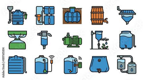 Comprehensive Vector Icon Set of Rainwater Harvesting Equipment, Water Storage Tanks, Filtration Systems, and Pumps in a Bold Outline Style for Sustainable Water Management and Conservation.