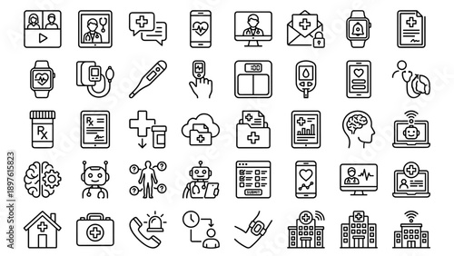 Comprehensive Vector Line Icon Set for Telemedicine and Digital Health featuring Video Consultation, E-Prescription, AI Doctor, Medical Wearables, Online Healthcare, and Symptom Checker Icons.