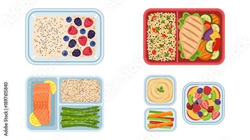 Set of healthy meal prep containers with nutritious food including oatmeal with berries, grilled chicken with quinoa salad, salmon with asparagus and rice, plus fruit and vegetable snacks.