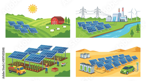 Set of four vector illustrations showing solar panel energy systems in diverse settings like rural farms, industrial power stations, agrivoltaic crop fields, and desert electric vehicle charging.