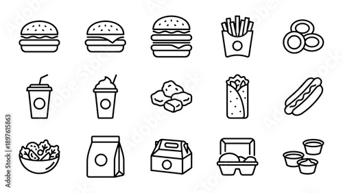 Set of Fast Food Line Icons Featuring Burgers, French Fries, Onion Rings, Soda, Milkshake, Chicken Nuggets, Burrito, Hot Dog, Salad, and Takeout Packaging for Restaurant Menus and Digital Design.