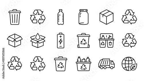 Set of minimalist recycling and waste management line icons featuring trash cans, recycle symbols, plastic bottles, glass jars, cardboard boxes, batteries, garbage trucks, and eco-friendly globe.