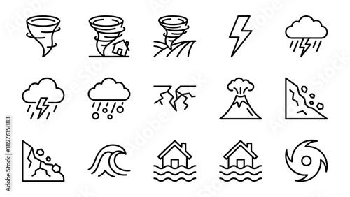 Vector Set of Natural Disaster Line Icons Featuring Tornado, Hurricane, Earthquake, Flood, Volcano Eruption, Tsunami, Lightning, and Landslide Symbols for Emergency Preparedness and Safety Graphics
