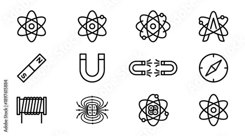 Minimalist Physics and Magnetism Vector Icon Set with Atom Models, Magnetic Field Lines, Bar Magnets, Horseshoe Magnets, Solenoids, and Compasses for Science Education and Laboratory Research.