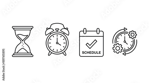 Set of Thin Line Vector Icons for Time Management and Productivity Featuring an Hourglass, Alarm Clock, Calendar Schedule with Checkmark, and Clock with Gears for Efficiency and Planning