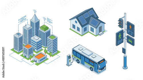 Isometric Vector Illustration Set of Smart City Infrastructure with Solar Panel House, Electric Bus Charging Station, Connected Skyscrapers, and Intelligent Digital Traffic Light System.