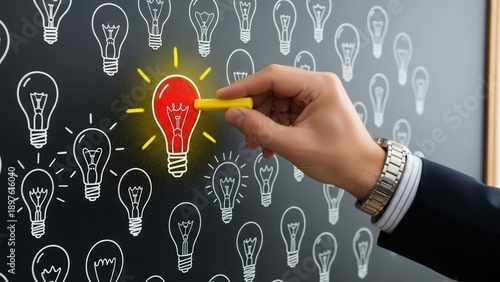 Hand holding pencil to draw glowing red lightbulb among many white lightbulbs on blackboard