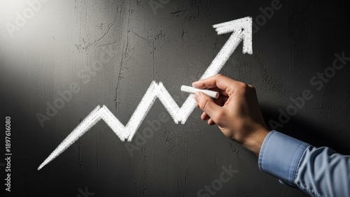 Hand drawing upward trending graph with white chalk on blackboard, symbolizing business growth and progress
