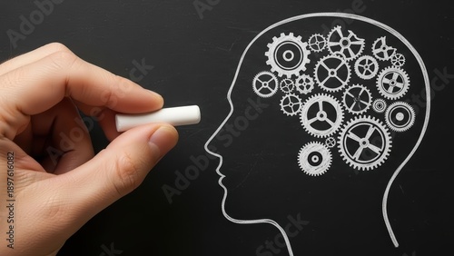 Hand drawing a human head with gears and cogs inside on a blackboard, illustrating creative thinking and problem-solving concepts related to Img.Jan170126-118.jpeg
