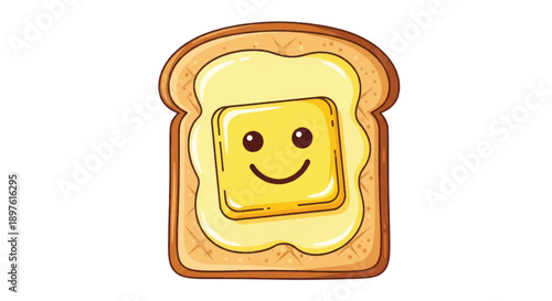 Smiling Buttered Toast Slice Illustration for Breakfast and Food Emoji.