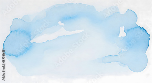 A soft wash of light blue watercolor paint creates an ethereal, cloud-like shape with delicate bled edges on a clean white paper background. Generative AI.