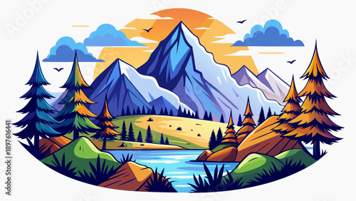 Very beautiful peaceful wilderness illustration on a white background created with clean lines for modern nature-themed apparel.
