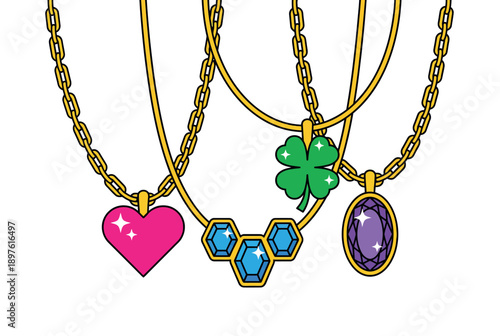 A collection of colorful necklaces with charms on gold chains