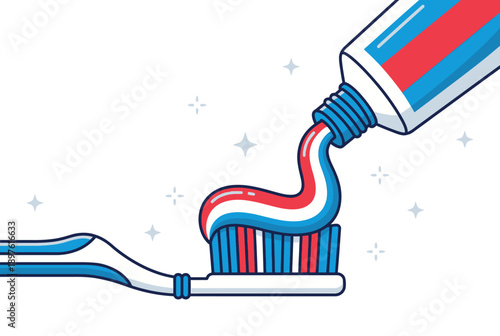 A tube of toothpaste squeezing colorful paste onto a toothbrush bristles