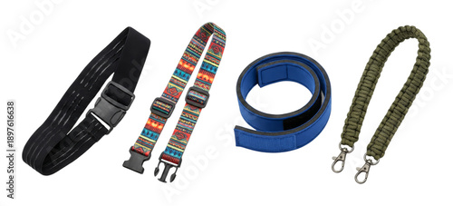 Four different accessory straps are displayed, showcasing diverse materials, colors, and designs suitable for bags, cameras, and other gear.
