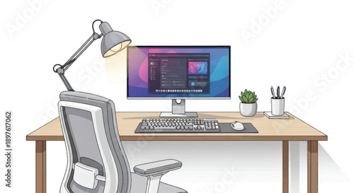 Modern home office workspace with computer monitor desk lamp and plant.