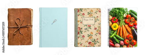 Various recipe books, including a rustic leather journal and a floral design, are displayed alongside a colorful assortment of fresh, healthy vegetables.