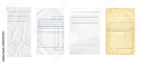 Four blank paper receipts and forms display various textures, including crumpled, smooth, and aged surfaces, ready for custom information.