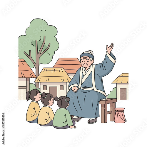 Elderly Man Sharing Stories With Children In Traditional Village Setting