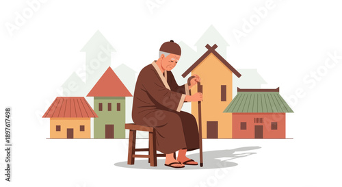 Elderly Man Sitting With Cane And Houses In Background With Upward Arrows