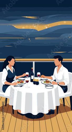 Elegant Couple Enjoying Romantic Dinner Cruise Under Twilight Sky
