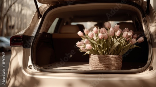 Celebration of women's day with flowers in a car on March 8