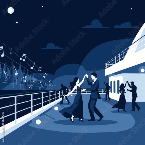 Elegant Couple Dancing Under Moonlit Sky During Formal Cruise Celebration