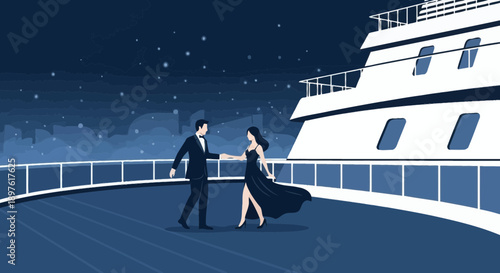 Elegant Couple Dancing Under Starry Night Sky On Luxury Yacht Deck