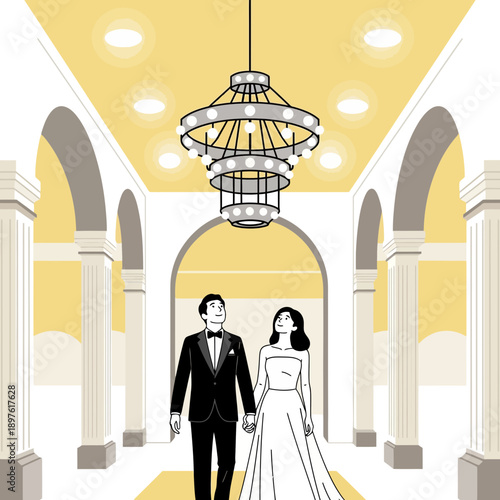 Elegant Couple in Grand Ballroom Awaiting Celebration