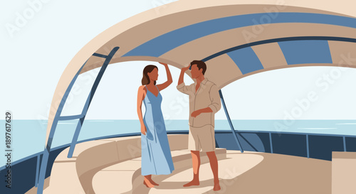Elegant Couple Enjoys Serene Yacht Cruise Under Summer Skies
