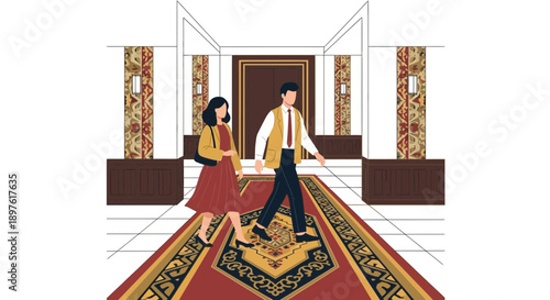 Elegant Couple Strolls Down Luxury Red Carpet Hallway