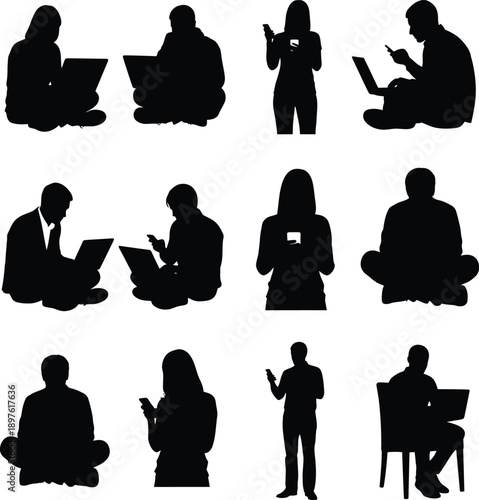 People working on devices in various sitting positions illustrated in silhouettes