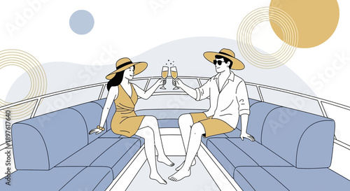 Elegant Couple Celebrates on Luxury Yacht Cruise Enjoying Champagne Together