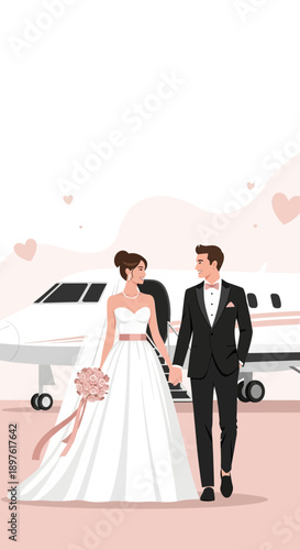 Elegant Couple Arriving In Private Jet After Destination Wedding Celebration
