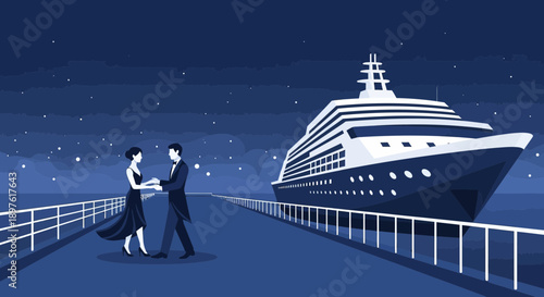 Elegant Couple Dancing Beside A Grand Cruise Ship At Night Under A Starry Sky