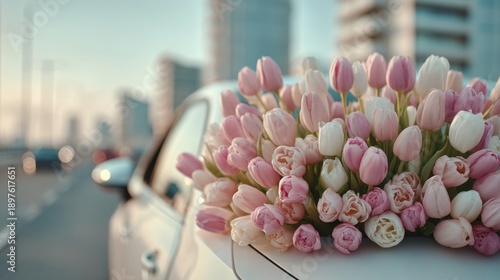 Celebrating Women's Day with a bouquet of flowers on a car in the city on March 8